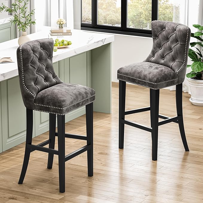 Light Grey Velvet Bar Stools Set of 2, Counter Height, Wood Frame, Upholstered Seat, Silver Decorative Studs, Suitable for Bars, Restaurants, Home