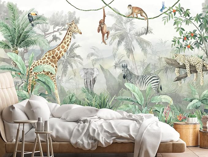 Kids Wallpaper Tropical Leves and Safari Animals Wall Mural for Wall Bedroom Living Room TV Background Sofa Wall (not self-Adhesive)