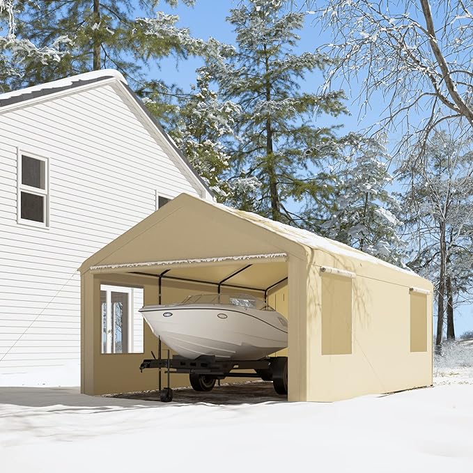 Gardesol Carport, 12'x20' Extra Large Heavy Duty Carport with Roll-up Ventilated Windows, Portable Garage with Removable Sidewalls & Doors for Car, Truck, SUV, Car Canopy with All-Season Tarp, Beige