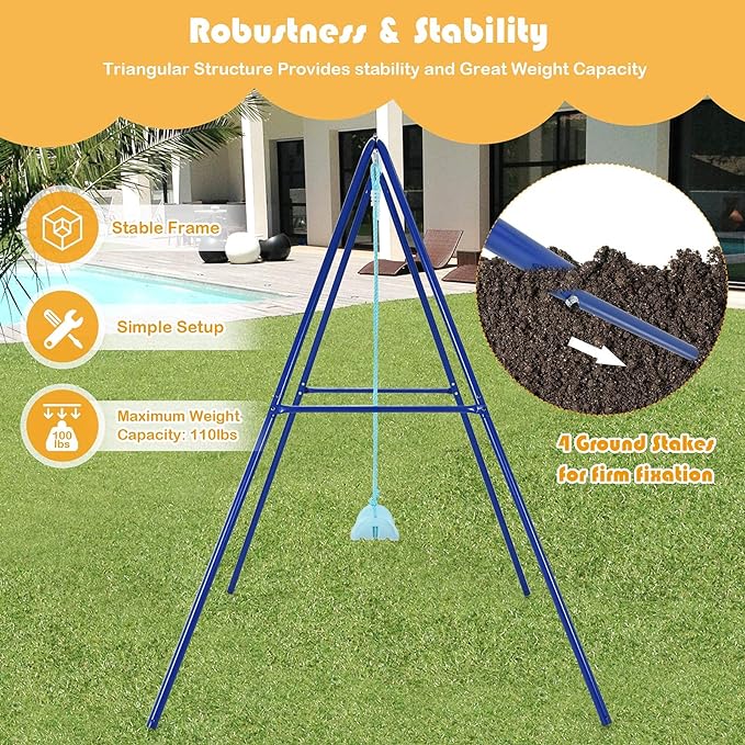 Swing Frame Stand with Swing Seat, A-Frame Swing Sets for Backyard All Weather w/Ground Stakes, Non-Slip Seat, Toddler Swing Set Great for Indoor Outdoor Garden Playground (Blue)