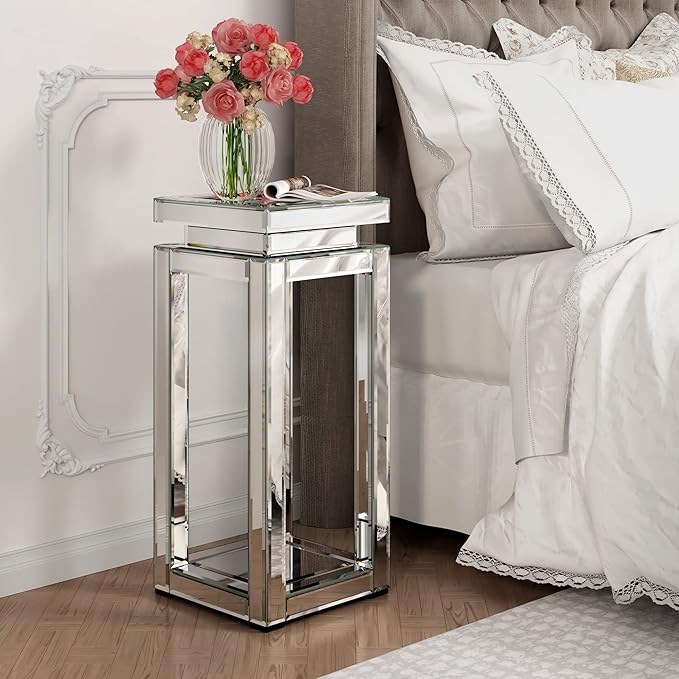 ENENE Mirrored Diamond Setting End Table Glass Decorative Side Table for Living Room Small Spaces Night Stand Modern Pedestal Accent Table for Bedroom Office Hallway Entryway