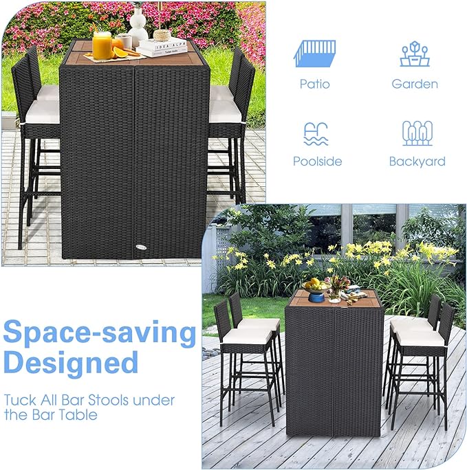 5-Piece Patio PE Wicker Bar Set Outdoor Acacia Wood Dining Table Stool Bistro (2 boxes)