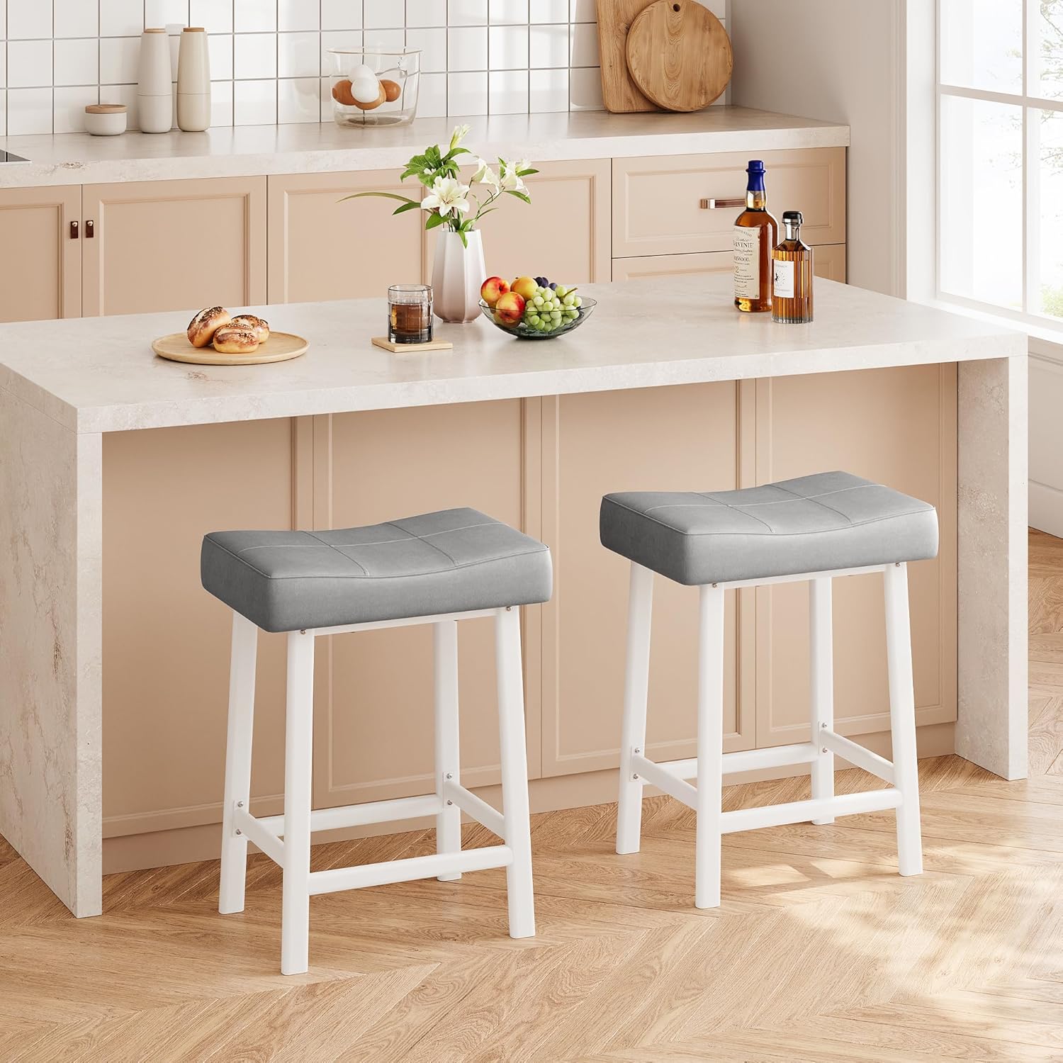 IDEALHOUSE 24 Inch Backless Saddle Barstools Set of 2, Counter Height Upholstered Padded Barstools with Curved Surface, Metal Leg and Footrest, for Kitchen Counter, Home Bar (Gray, 24 inch-Set of 2)