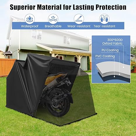 Tangkula Motorcycle Shed, Waterproof Motorcycle Garage with 600D Oxford Cover, Ventilation Window, Heavy Duty Motorcycle Storage for Motorbike, Scooter, Vehicles, 136" x 54" x 75"