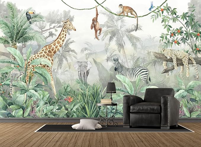 Kids Wallpaper Tropical Leves and Safari Animals Wall Mural for Wall Bedroom Living Room TV Background Sofa Wall (not self-Adhesive)