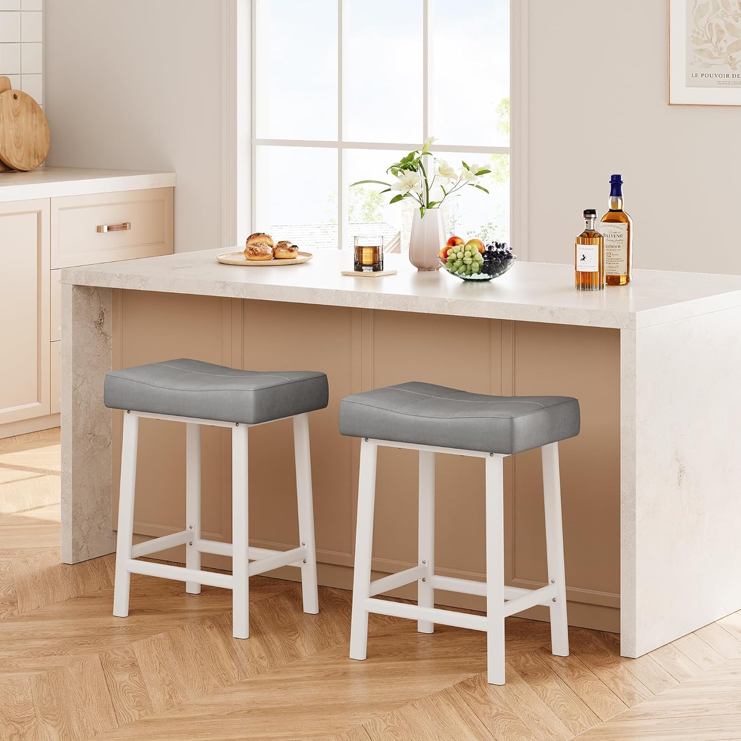 IDEALHOUSE 24 Inch Backless Saddle Barstools Set of 2, Counter Height Upholstered Padded Barstools with Curved Surface, Metal Leg and Footrest, for Kitchen Counter, Home Bar (Gray, 24 inch-Set of 2)