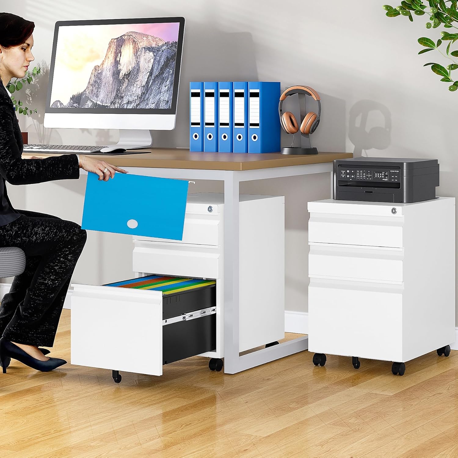 Assembled 3 Drawer File Cabinet with Wheels,Under Desk File Cabinet with Lock,White Rolling Filing Cabinets, Metal Filing Cabinets for Home Office,Fit A4/Letter/Legal,Pre-Assembled Except Caster