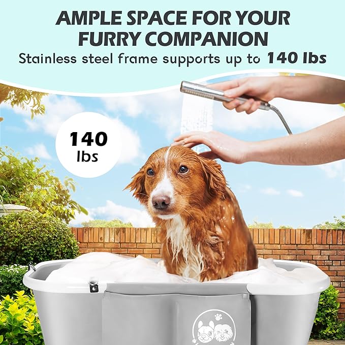 3 in 1 Premium Elevated Dog Bathtub - Foldable & Portable Wash Station for Indoor & Outdoor Bathing & Grooming. Support Cats, Dogs up to 140 lbs. 5 Adjustable Heights - No More Back Pain!