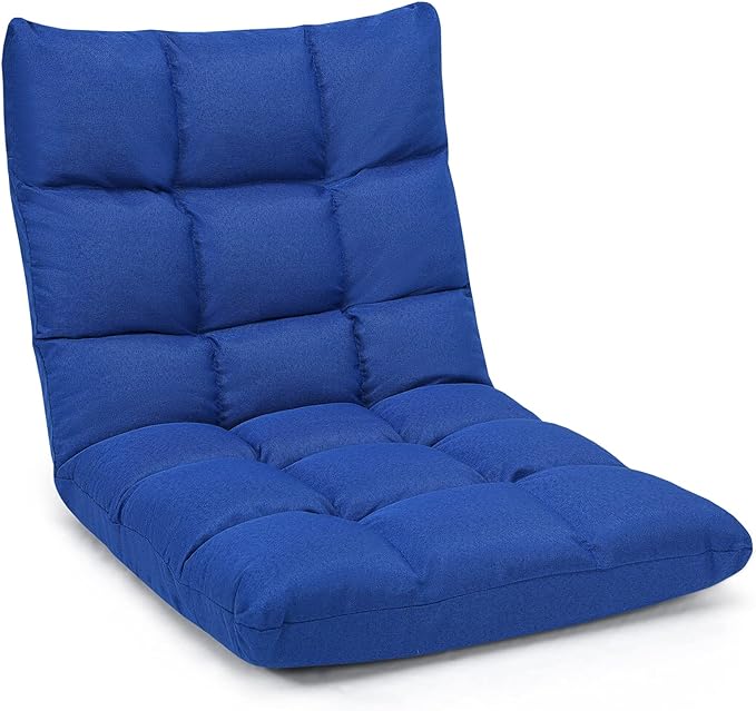 Adjustable Floor Gaming Sofa Chair 14-Position Cushioned Folding Lazy Recliner High Resilience Sponge, Breathable Cotton & Linen Fabric Sleeper Bed Couch Recliner with Removable Cover (Navy)