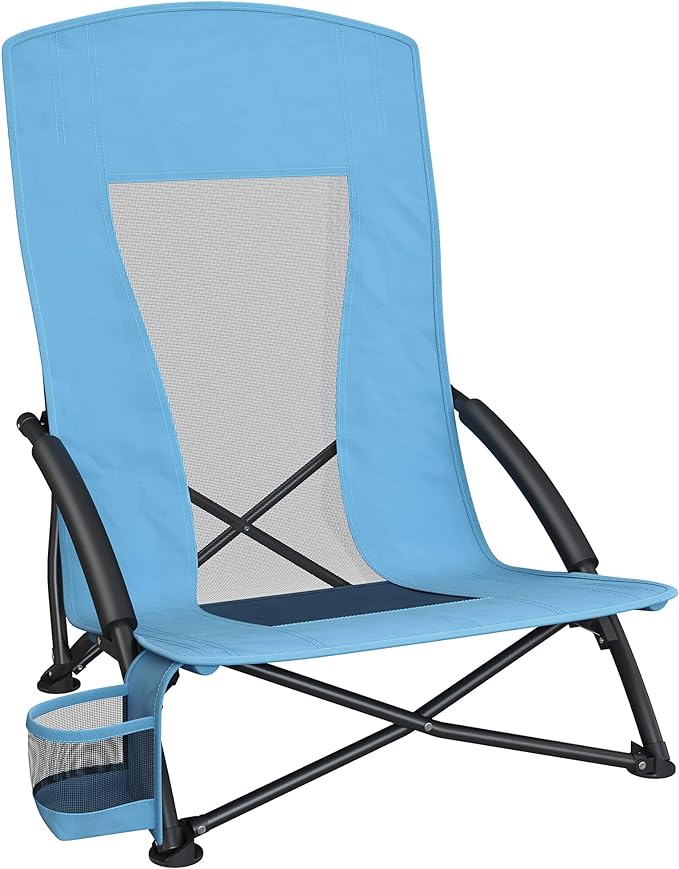 Portable Beach Chair, with High Backrest, Cup Holder, Foldable, Lightweight, Comfortable, Heavy Duty, Outdoor Chair