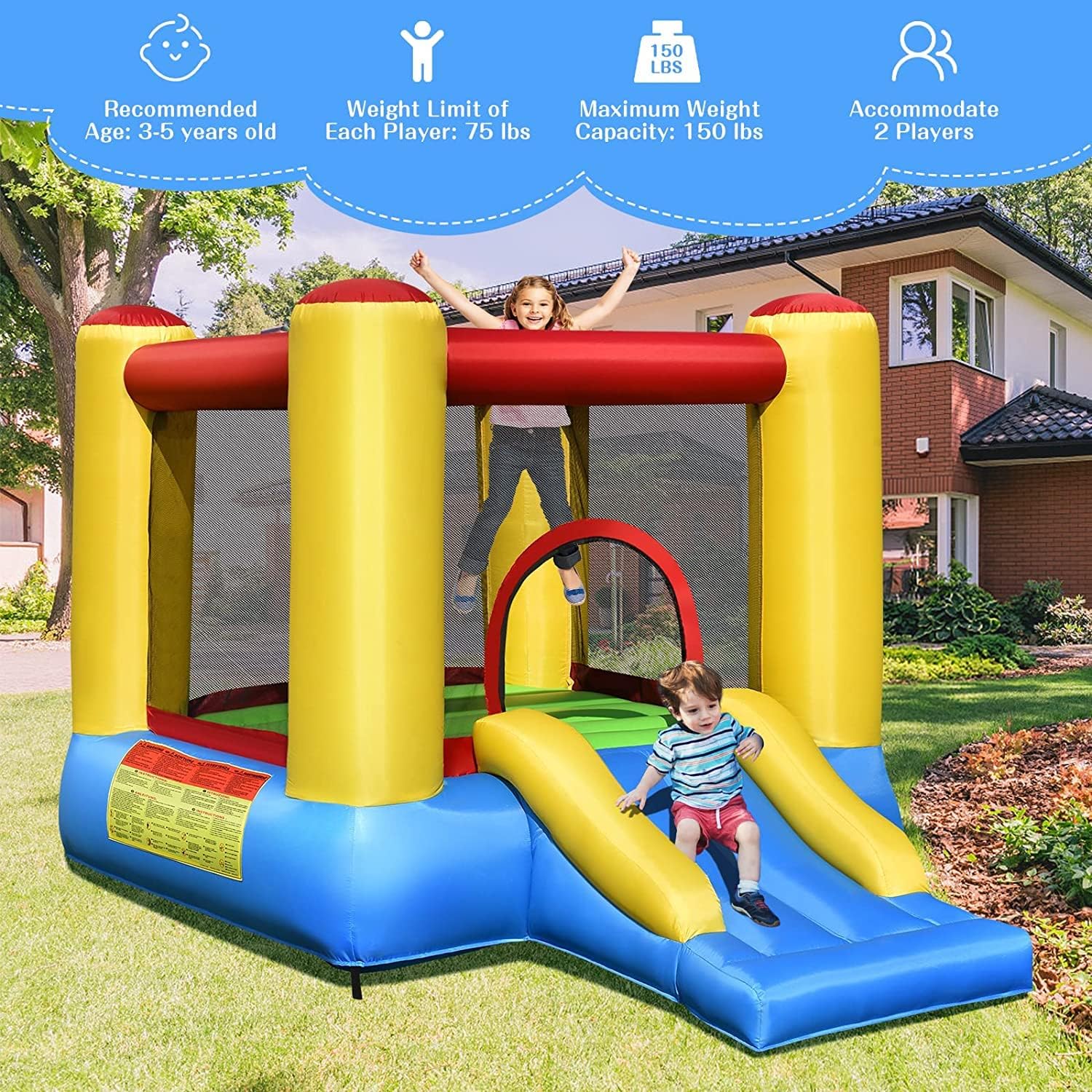 Inflatable Bounce House, Indoor Bouncy House for Kids 3-5 with Slide, Basketball Hoop Jumping Area, Fun Playhouse Bouncer Jumper, Outdoor Bouncy Castle for Party, Backyard