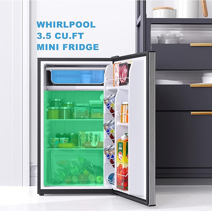 Whirlpool WHR35S1E 3.5 Cu.Ft Mini Fridge, Small Refrigerator with Adjustable Thermostat, Low Noise, Energy Efficient, Compact Fridge for Dorm, Office, Bedroom, Stainless Steel