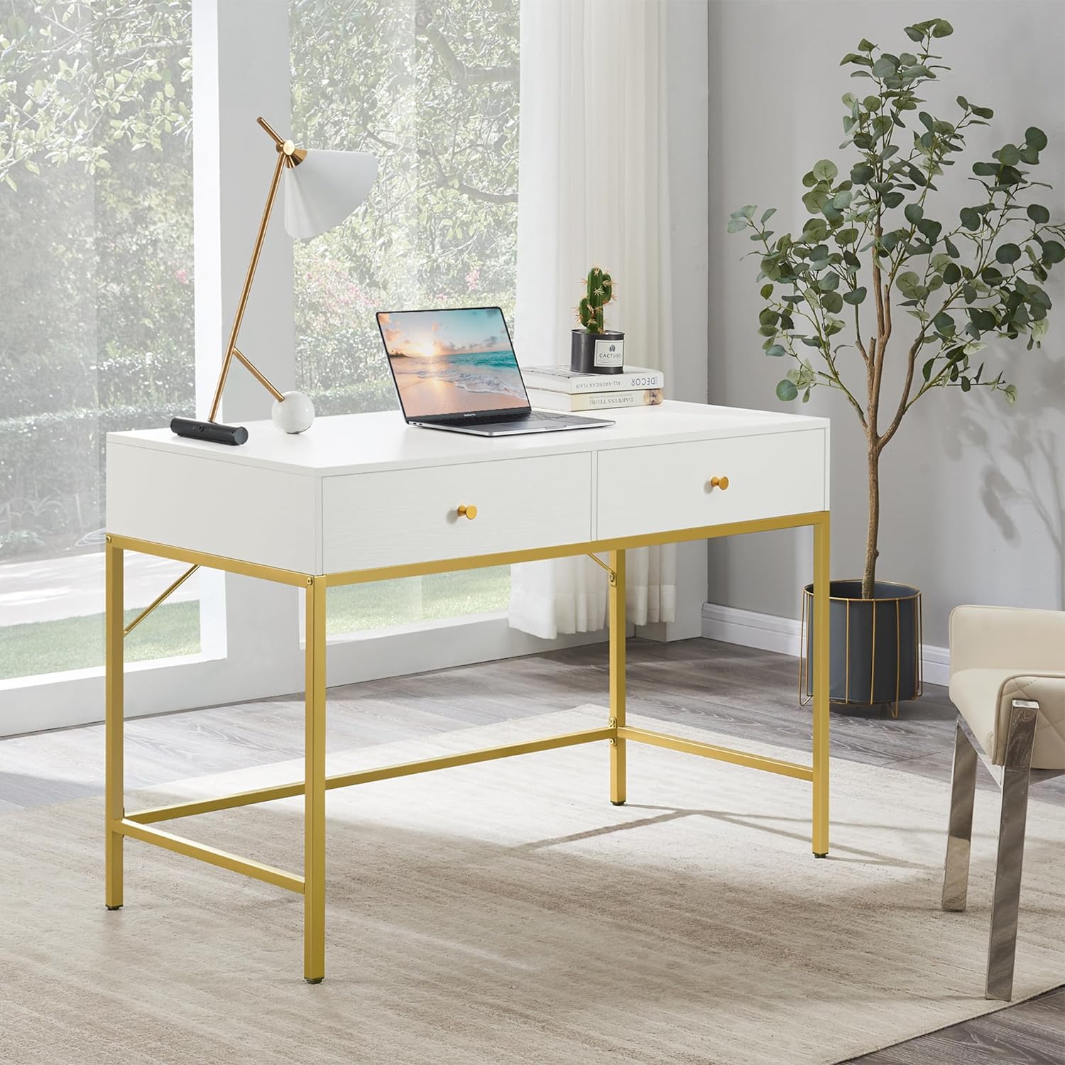 SUPERJARE Vanity Desk with Drawers, 47 inch Computer Desk, Modern Simple Home Office Desks, Makeup Dressing Table for Bedroom - White and Gold