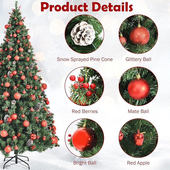 Goplus 7ft Pre-lit Artificial Christmas Tree, Hinged Fake Xmas Tree w/ 212 PCS Ornaments & 1178 PVC Tips, 350 LED Lights