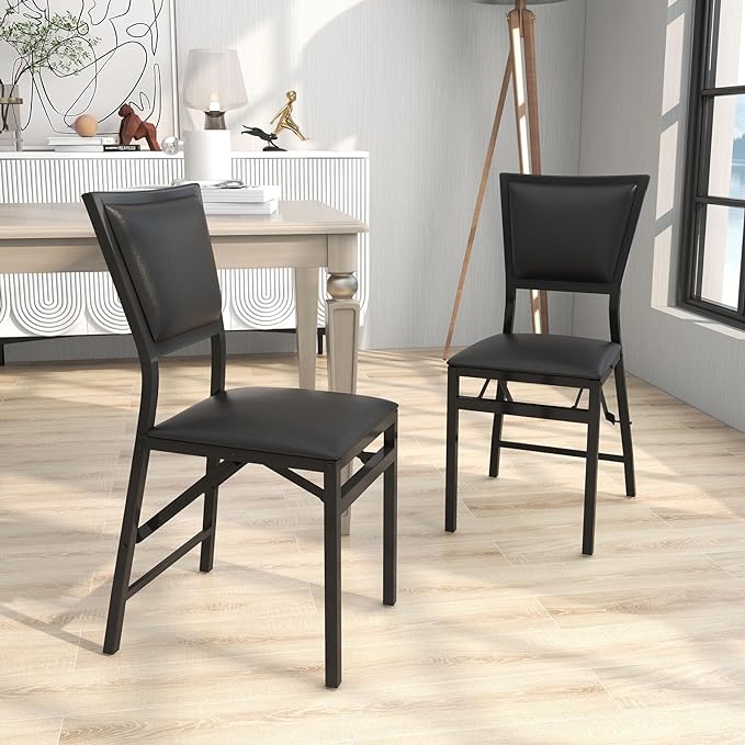 Folding Chairs Set of 2, Dining Chairs with Padded Seats, Sturdy Metal Frame, Floor Protectors, Space Saving Design, Foldable Dining Desk Chairs for Small Apartment, Extra Guests, Black