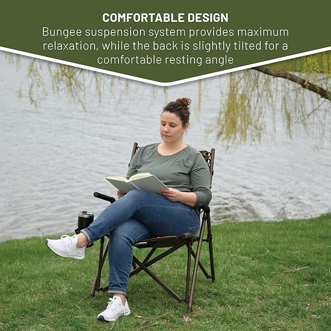 TIMBER RIDGE Bungee Folding Camping Chairs for Adults, Heavy Duty Collapsible Padded Chair with Armrests Cup Holder, Foldable Outdoor Lounge Chairs for Fishing, Lawn, Supports 300 lbs, Earth Brown