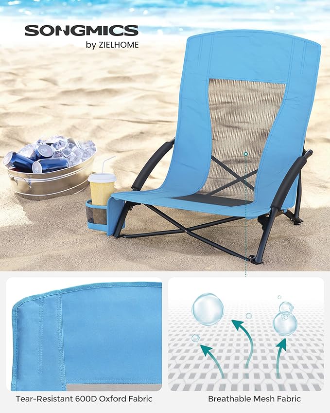 Portable Beach Chair, with High Backrest, Cup Holder, Foldable, Lightweight, Comfortable, Heavy Duty, Outdoor Chair