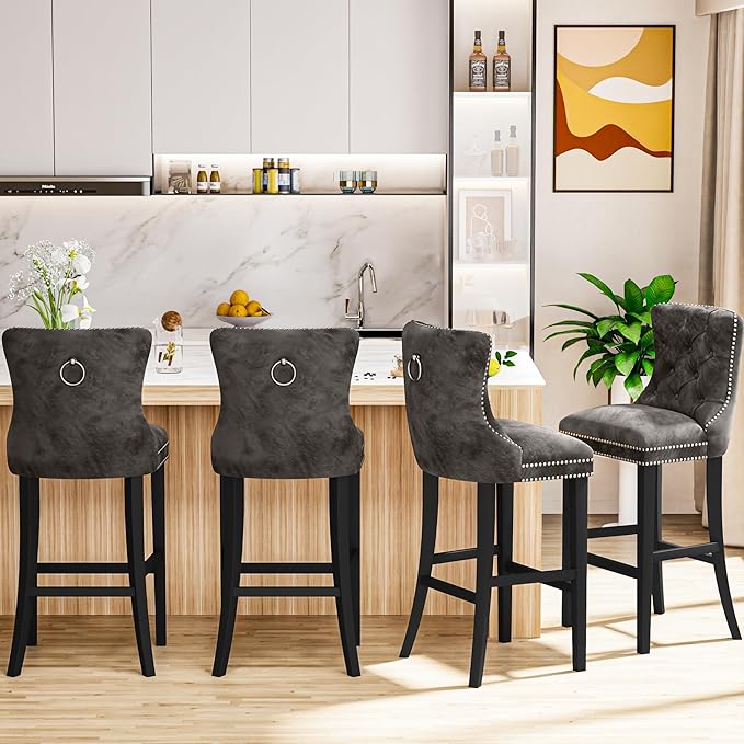 Light Grey Velvet Bar Stools Set of 2, Counter Height, Wood Frame, Upholstered Seat, Silver Decorative Studs, Suitable for Bars, Restaurants, Home