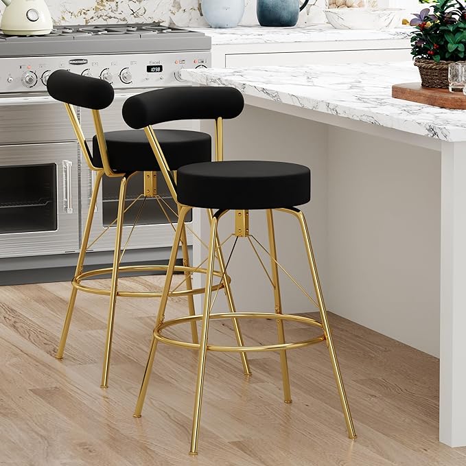 Awonde Swivel Gold Bar Stools Set of 2 Black Velvet Barstools 24 inch Kitchen Counter Height Bar Stools with Back and Metal Legs