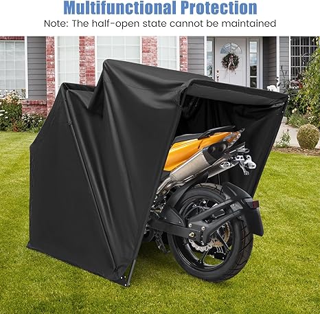 Tangkula Motorcycle Shed, Waterproof Motorcycle Garage with 600D Oxford Cover, Ventilation Window, Heavy Duty Motorcycle Storage for Motorbike, Scooter, Vehicles, 136" x 54" x 75"