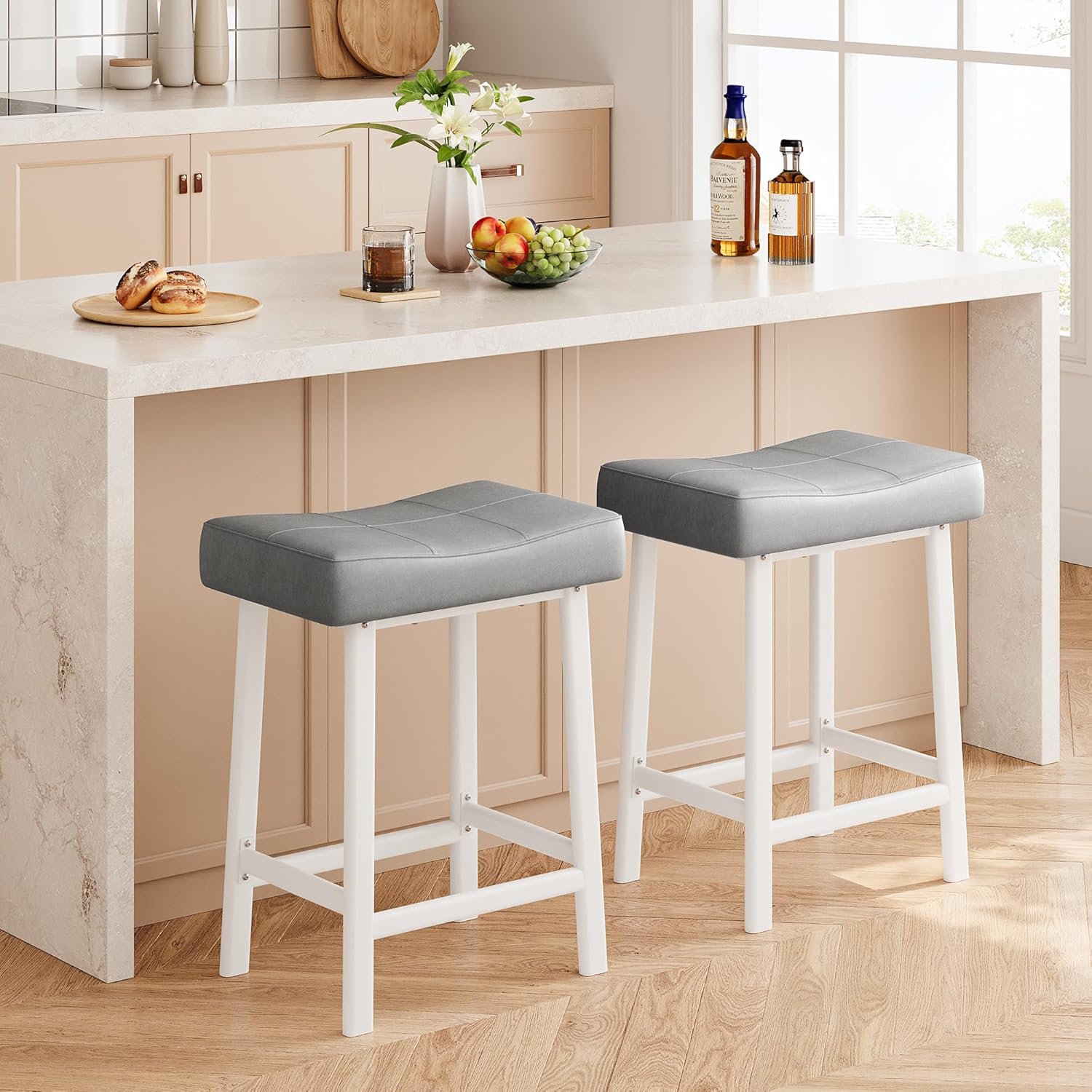 IDEALHOUSE 24 Inch Backless Saddle Barstools Set of 2, Counter Height Upholstered Padded Barstools with Curved Surface, Metal Leg and Footrest, for Kitchen Counter, Home Bar (Gray, 24 inch-Set of 2)