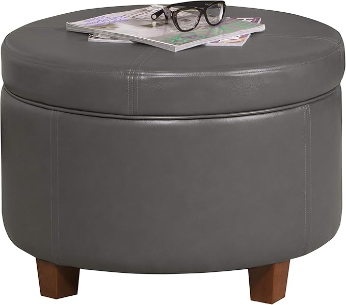 HomePop Round Leatherette Storage Ottoman with Lid, Charcoal Grey Large