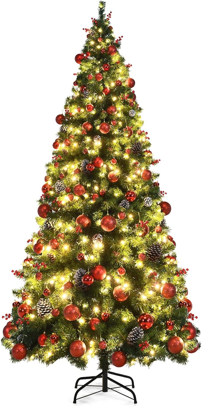 Goplus 7ft Pre-lit Artificial Christmas Tree, Hinged Fake Xmas Tree w/ 212 PCS Ornaments & 1178 PVC Tips, 350 LED Lights