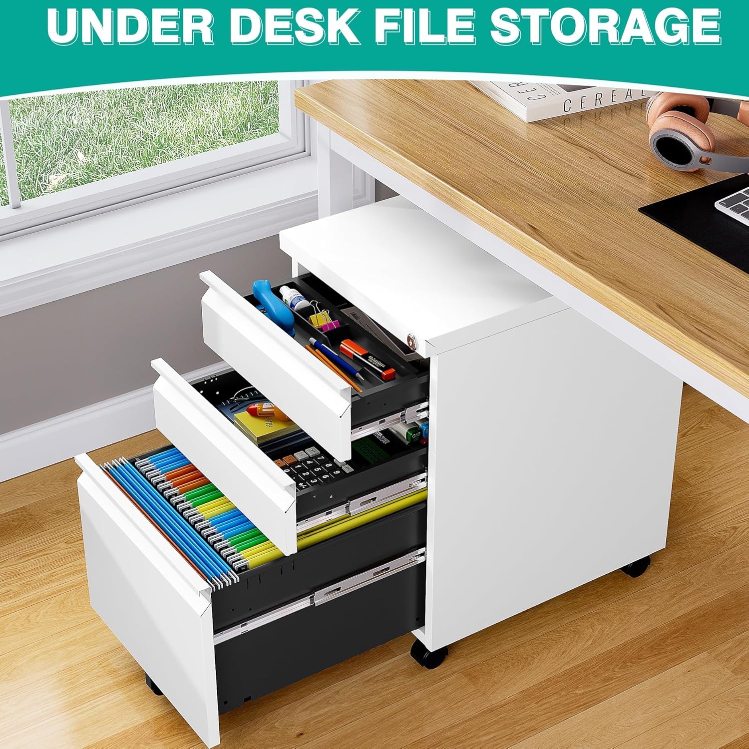 Assembled 3 Drawer File Cabinet with Wheels,Under Desk File Cabinet with Lock,White Rolling Filing Cabinets, Metal Filing Cabinets for Home Office,Fit A4/Letter/Legal,Pre-Assembled Except Caster
