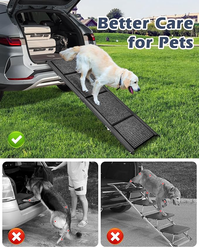 Petbank 62" Dog Ramp for Car, Foldable Large Dog Car Ramp with Anti-Slip Rug Surface, 17" Wide Dog Ramp Steps for Large Medium Small Dogs, Up to 250LBS, Dog Ramp for Cars, SUVs & Trucks