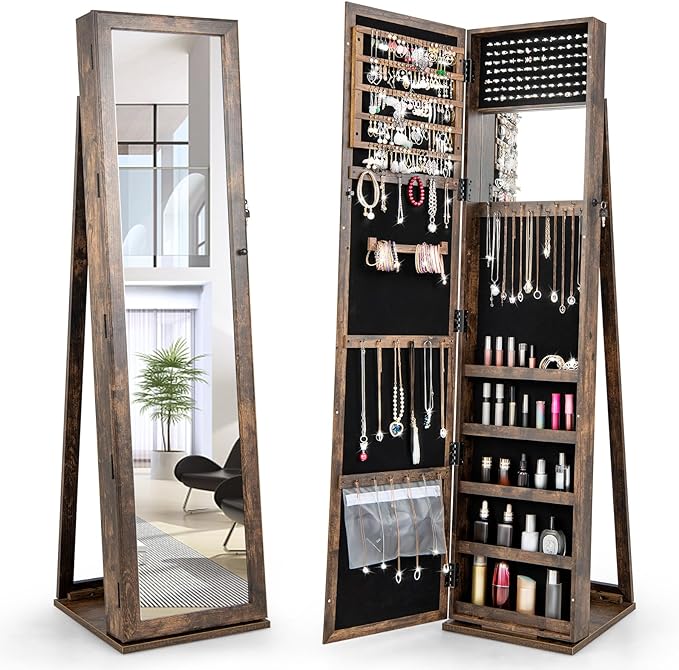 Jewelry Cabinet, Lockable Large Capacity Jewelry Organizer with Full Length Mirror, Vintage Jewelry Armoire with Inside Makeup Mirror for Bedroom, Closet, Rustic Brown