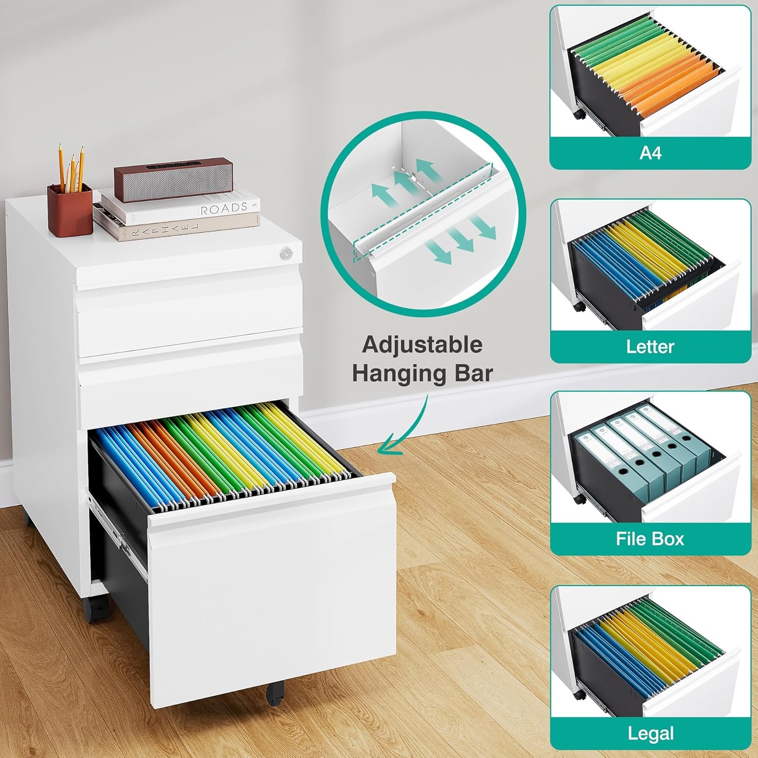 Assembled 3 Drawer File Cabinet with Wheels,Under Desk File Cabinet with Lock,White Rolling Filing Cabinets, Metal Filing Cabinets for Home Office,Fit A4/Letter/Legal,Pre-Assembled Except Caster