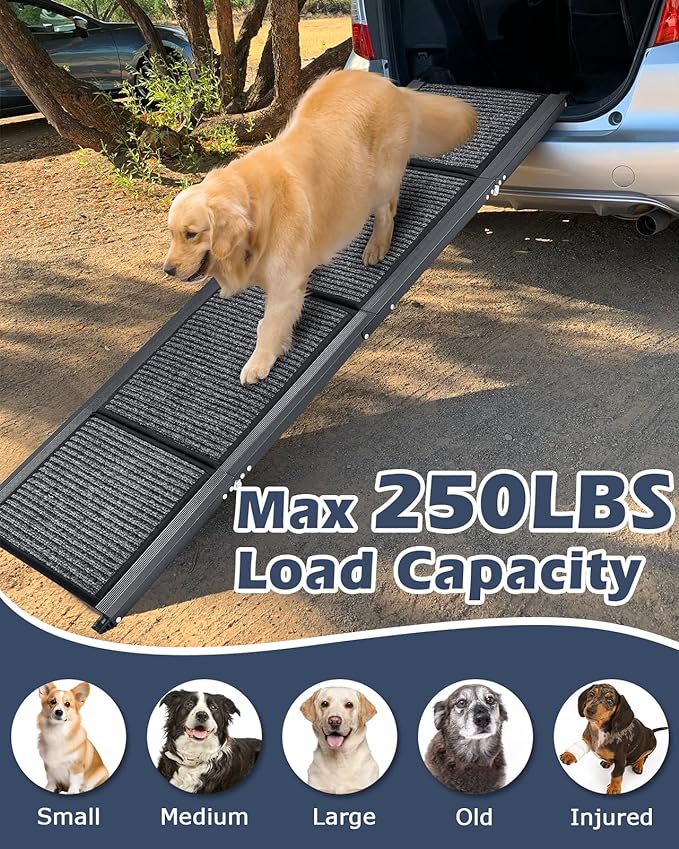 Petbank 62" Dog Ramp for Car, Foldable Large Dog Car Ramp with Anti-Slip Rug Surface, 17" Wide Dog Ramp Steps for Large Medium Small Dogs, Up to 250LBS, Dog Ramp for Cars, SUVs & Trucks