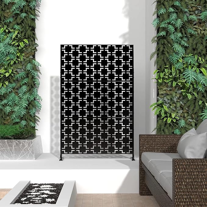 Outdoor Privacy Screen, Decorative Privacy Screen with Stand 72"x47" Metal Divider for Outdoor Garden Backyard Patio Free Standing, Black (Square)