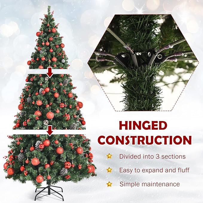 Goplus 7ft Pre-lit Artificial Christmas Tree, Hinged Fake Xmas Tree w/ 212 PCS Ornaments & 1178 PVC Tips, 350 LED Lights