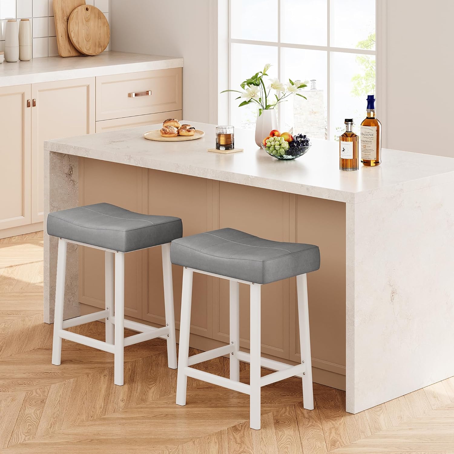 IDEALHOUSE 24 Inch Backless Saddle Barstools Set of 2, Counter Height Upholstered Padded Barstools with Curved Surface, Metal Leg and Footrest, for Kitchen Counter, Home Bar (Gray, 24 inch-Set of 2)