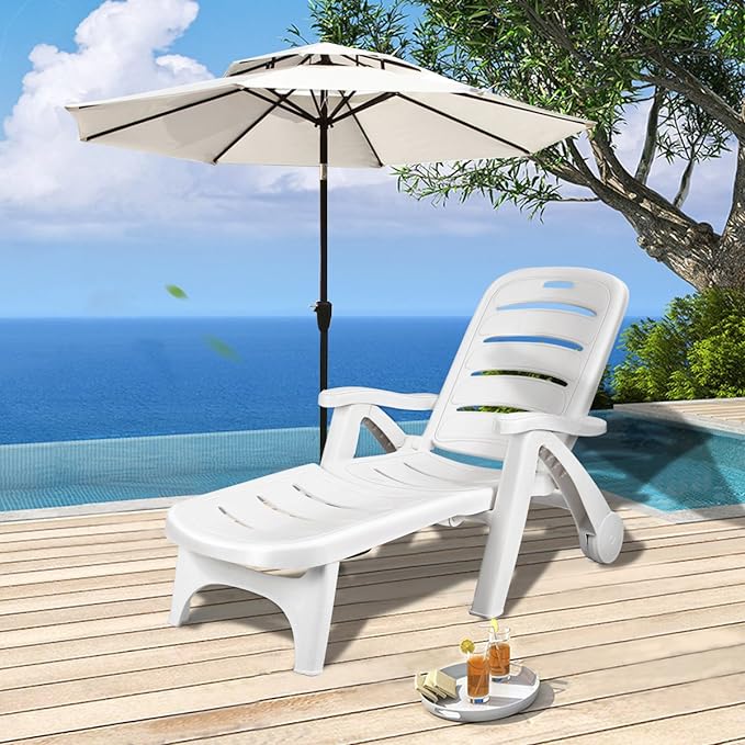 Giantex Folding Lounger Chaise Chair on Wheels Outdoor Patio Deck Chair Adjustable Rolling Lounger 5 Position Recliner w/Armrests (1, White)