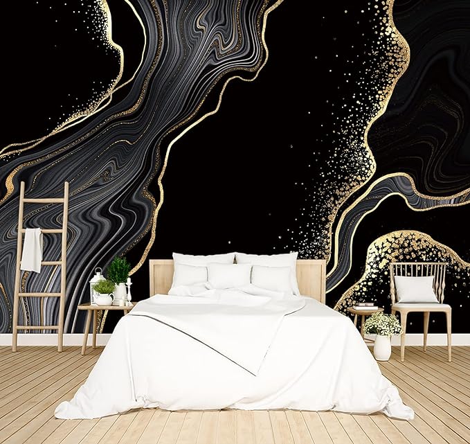 Black and Gold Marble Wallpaper Modern Bedroom Trendy Mens Room Decor murals Office Living Room tv Background Large Wall Mural - 183"x120" Not Peel and Stick