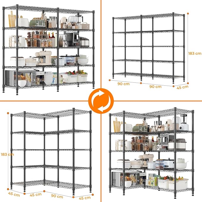 Himimi 5 Tier Heavy Duty Metal Shelving Units for Storage, 180W x 45D x 183H cm, Adjustable Wire Shelving Unit, Large Tall Storage Shelves Rack Shelf for Garage Pantry Kitchen Shed Utility Room, Black