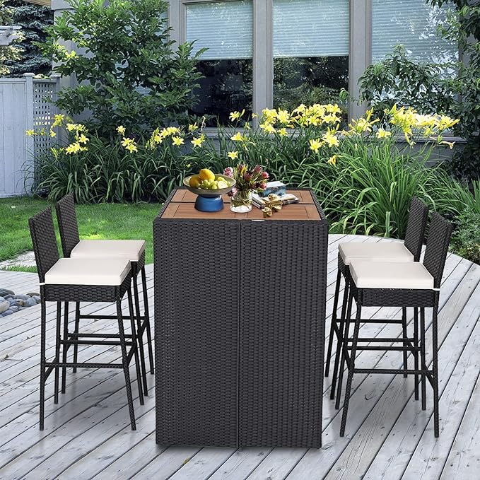 5-Piece Patio PE Wicker Bar Set Outdoor Acacia Wood Dining Table Stool Bistro (2 boxes)