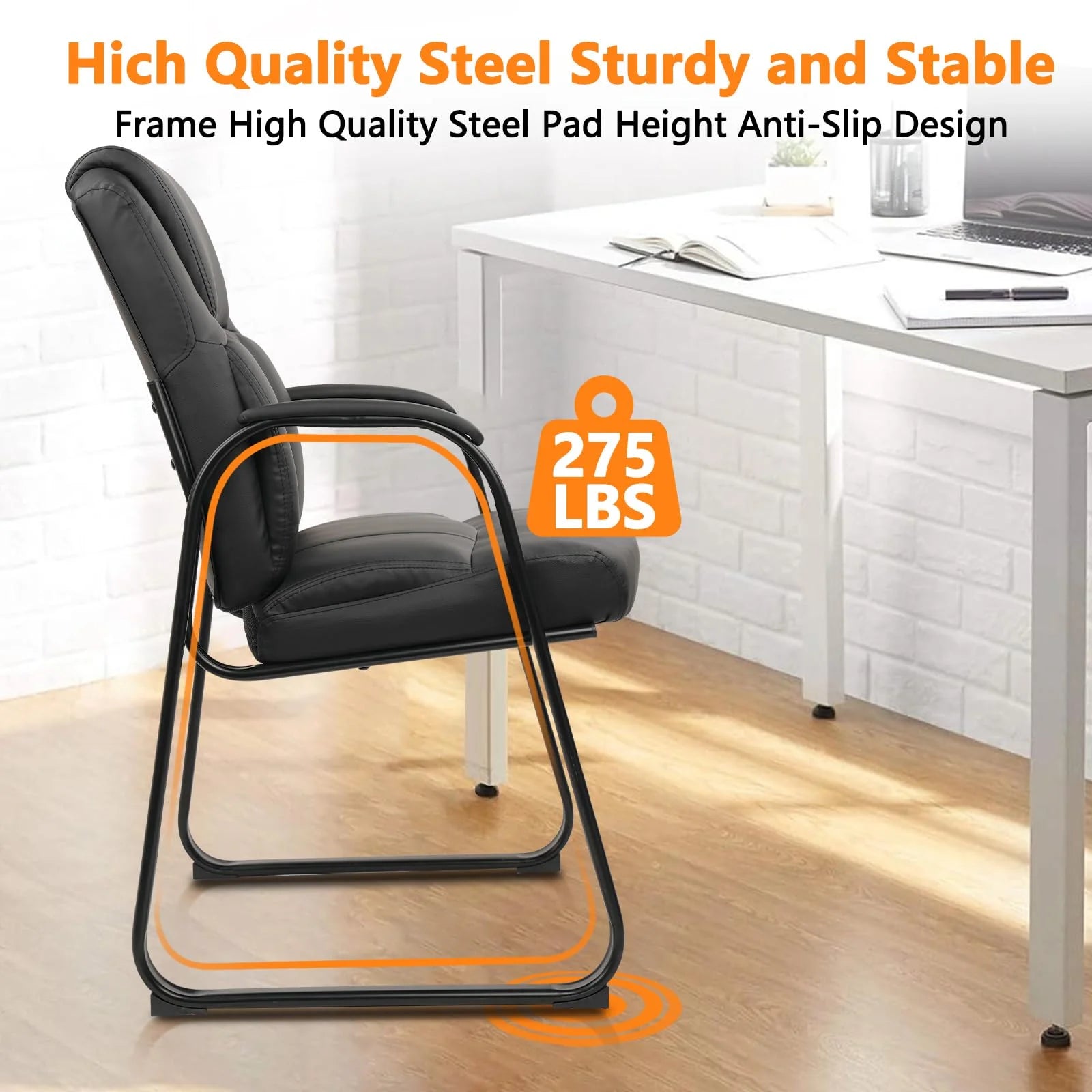 CLATINA Leather Guest Chair with Padded Arm Rest and Sled Base Meeting Conference and Waiting Room Side Office Home BIFMA Certified Black 1 Pack