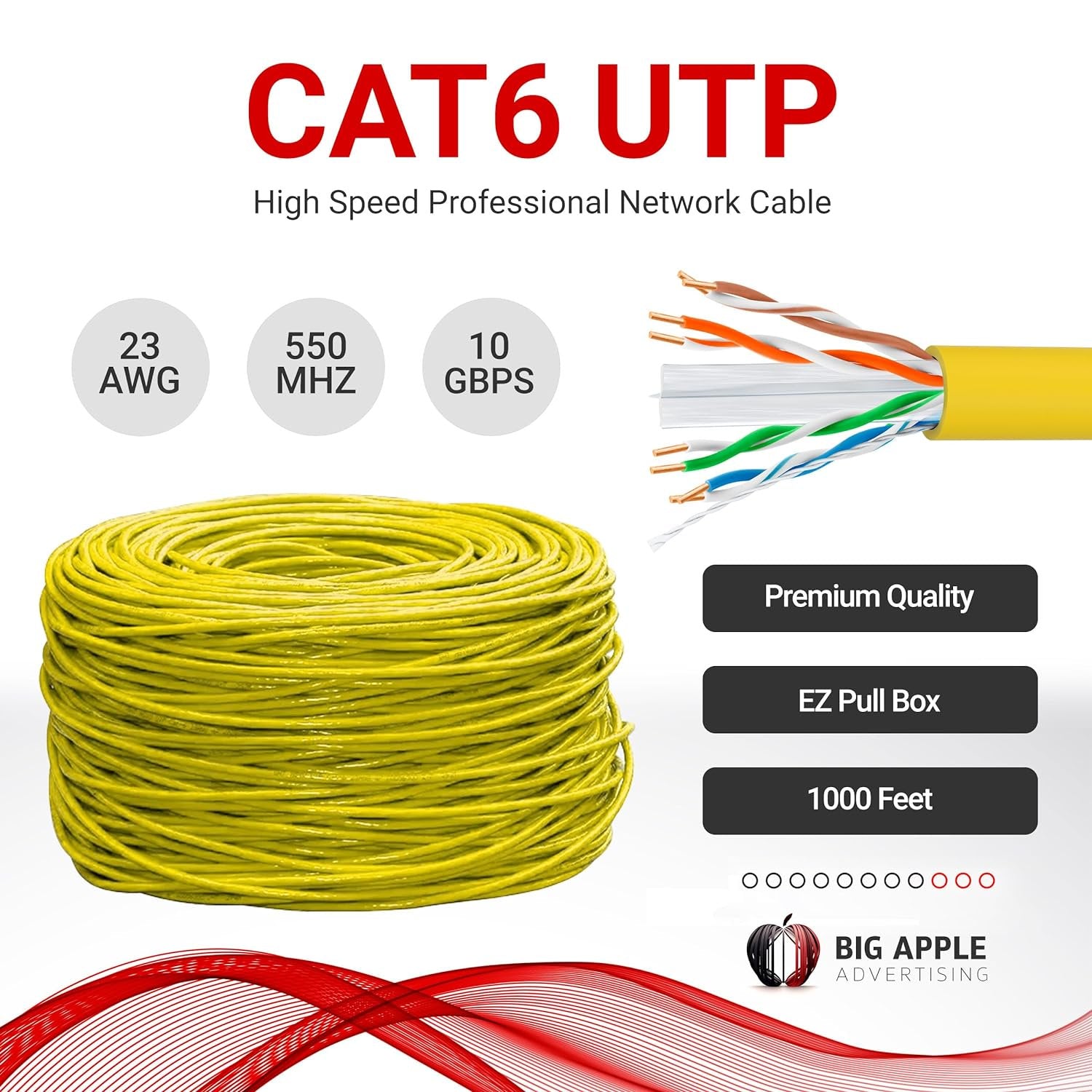 Big-A - Bulk Cat6 Cable 1000ft 23AWG Solid 4 Pair, Cat 6 Ethernet Cable Unshielded Twisted Pair (UTP), (CMR) 550MHz Internet Cable, Pull Box - Yellow