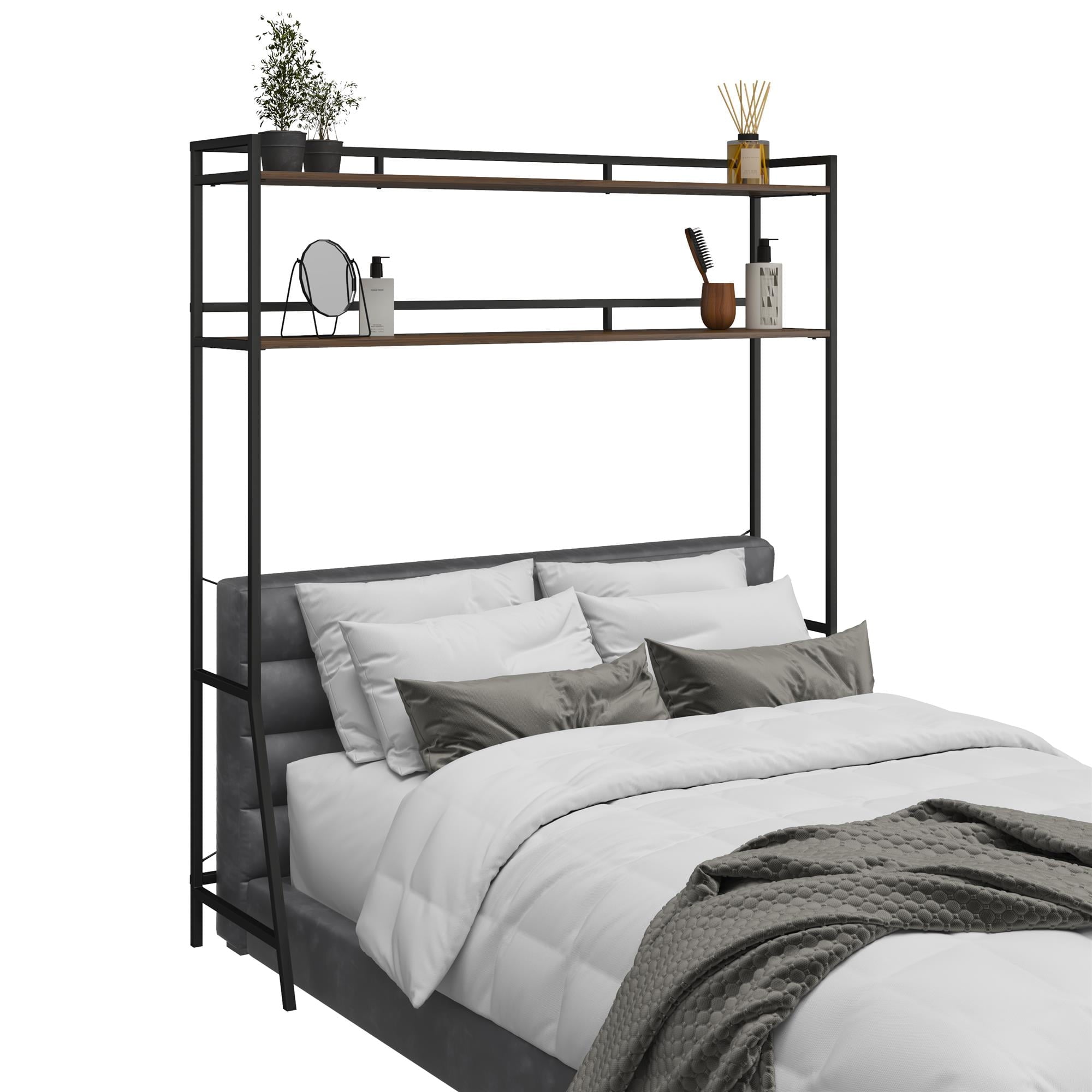 Novogratz Beverly Over-The-Bed Storage for Full and Full XL Beds, Walnut with Black Metal