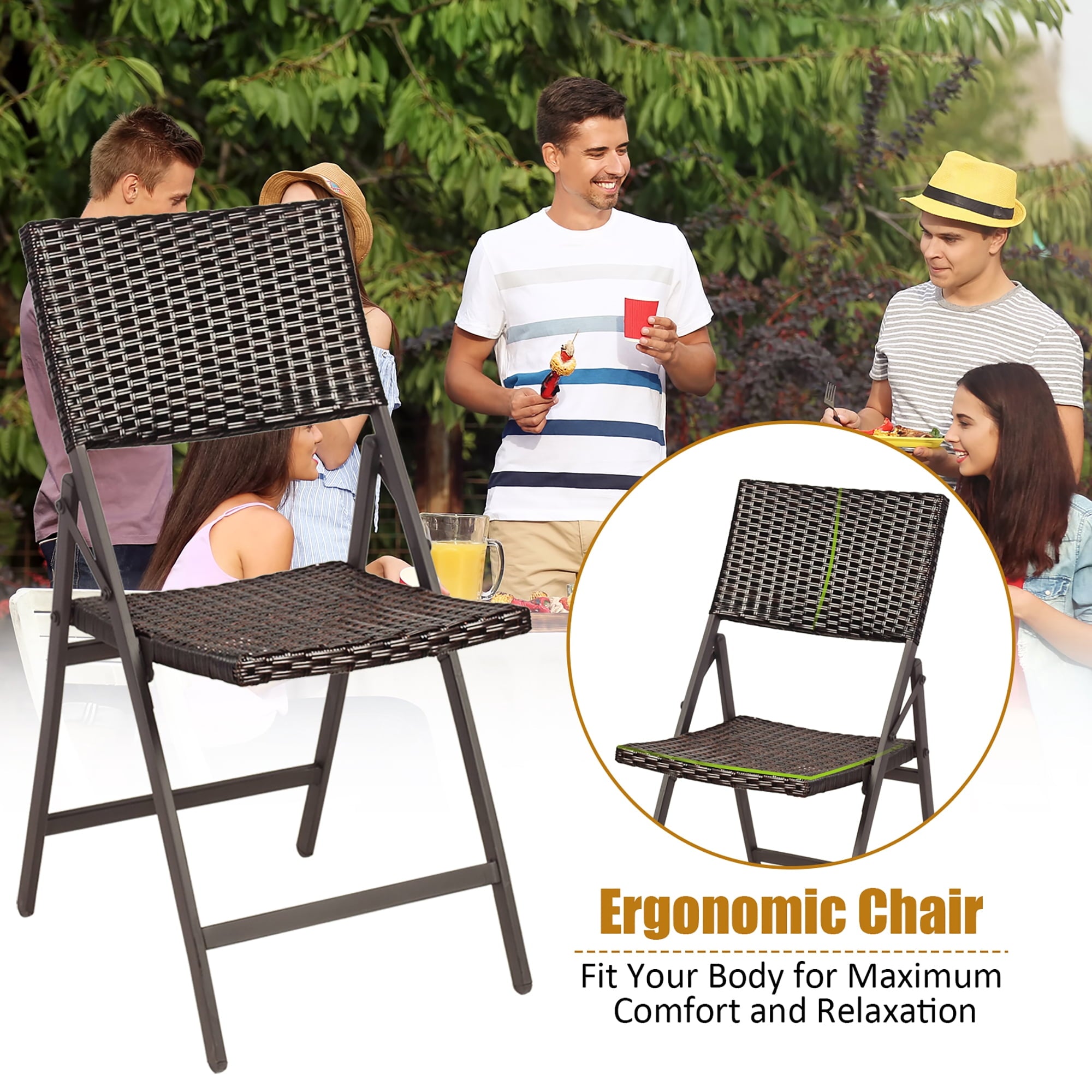 Set of 2 Patio Rattan Folding Dining Chairs Portable Garden Yard Brown