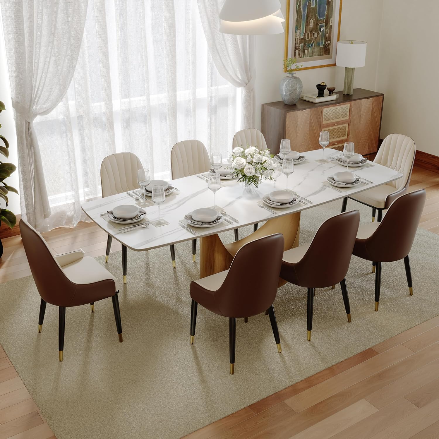 POVISON PU Leather Dining Chairs Set of 2, Modern Dining Room Chairs Beige Wingback Chairs for Living Room, Dining Room, Pub, Coffee, Kitchen (Brown & Beige)