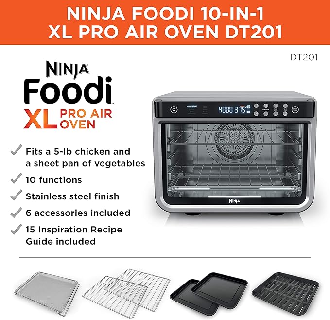 Ninja DT201 Foodi 10-in-1 XL Pro Air Fry Digital Countertop Convection Toaster Oven with Dehydrate and Reheat, 1800 Watts, Stainless Steel Finish, Silver