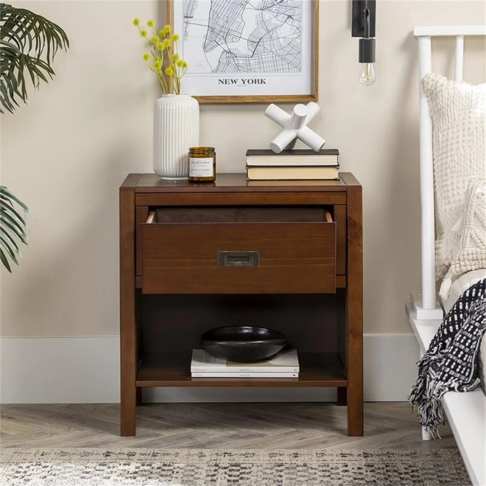 Lydia 1-Drawer Classic Solid Wood Bedroom Nightstand in Walnut