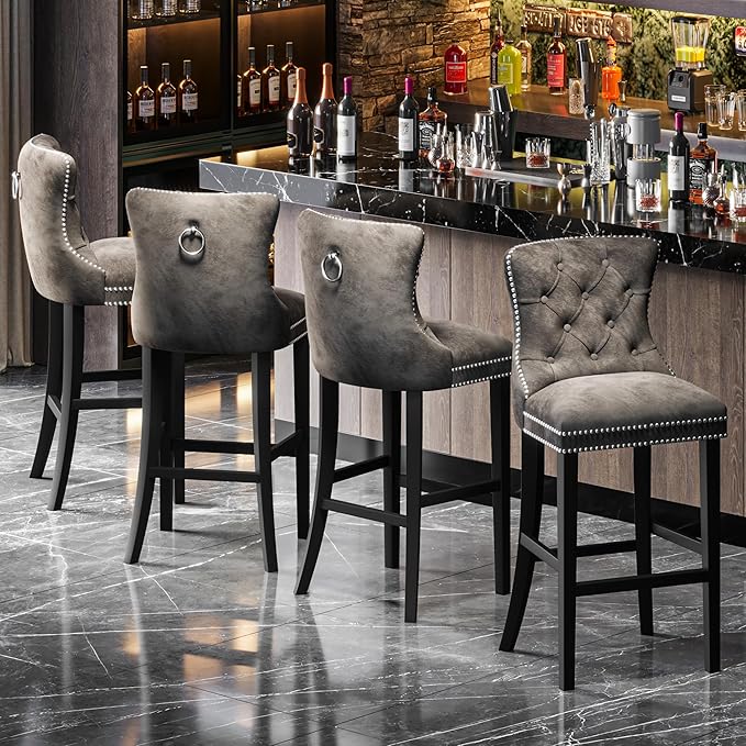 Light Grey Velvet Bar Stools Set of 2, Counter Height, Wood Frame, Upholstered Seat, Silver Decorative Studs, Suitable for Bars, Restaurants, Home