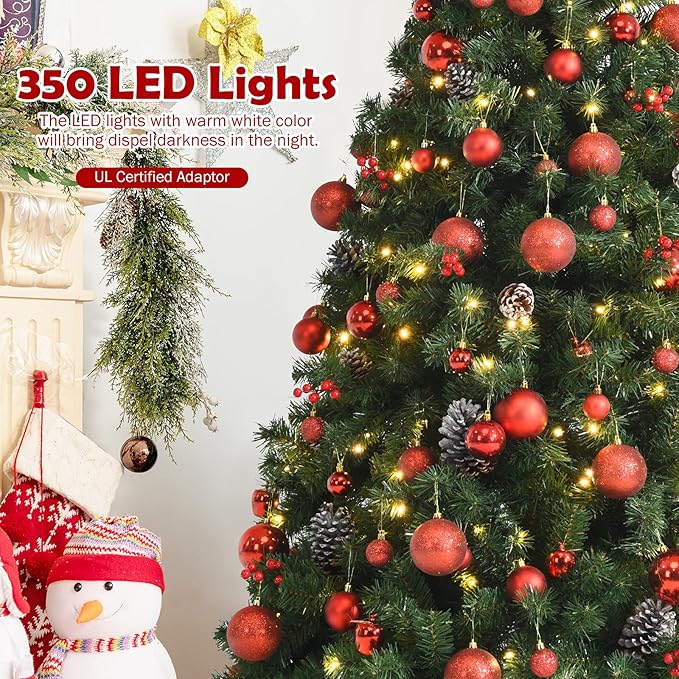 Goplus 7ft Pre-lit Artificial Christmas Tree, Hinged Fake Xmas Tree w/ 212 PCS Ornaments & 1178 PVC Tips, 350 LED Lights