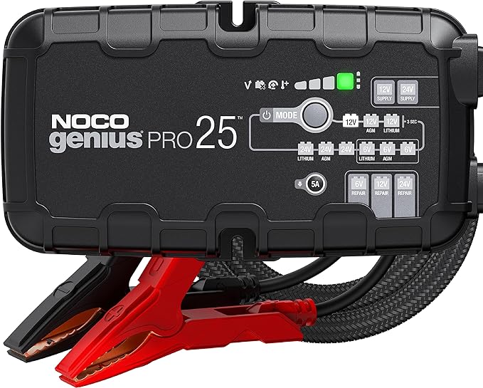 NOCO GENIUSPRO25, 25A Smart Car Battery Charger, 6V, 12V and 24V Portable Automotive Charger, Battery Maintainer, Trickle Charger and Desulfator for AGM, Lithium, Marine, Boat and Deep Cycle Batteries