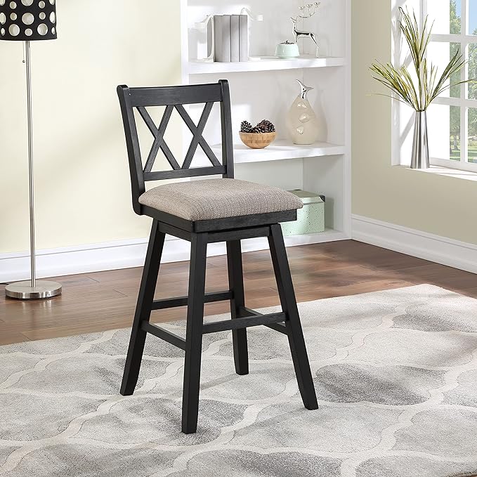 Home Brookline Swivel Bar Stool Chair with 360° Turn Mechanism, Rustic Farmhouse Stools for Kitchen Counter with Cushion, 24" Seat Height, Black Wood Finish with Beige Cushion